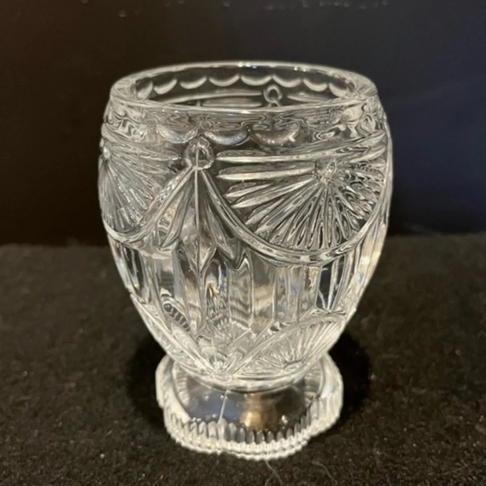 Vintage Crystal Clear Industries Fan Pattern Footed Votive Glass Candleholder